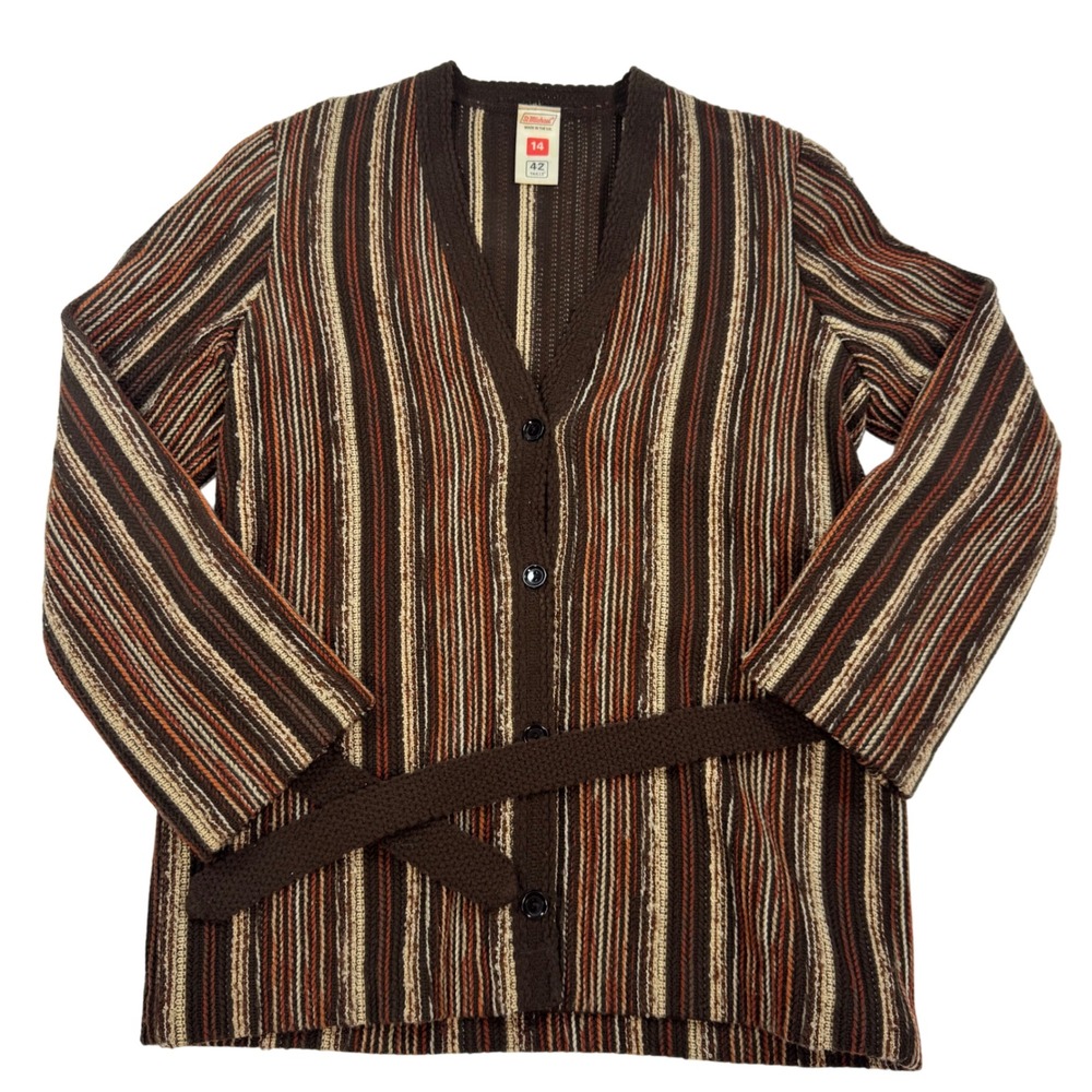 Vintage St Michael Brown Striped Belted Cardigan Sweater Made in UK Size 14 42